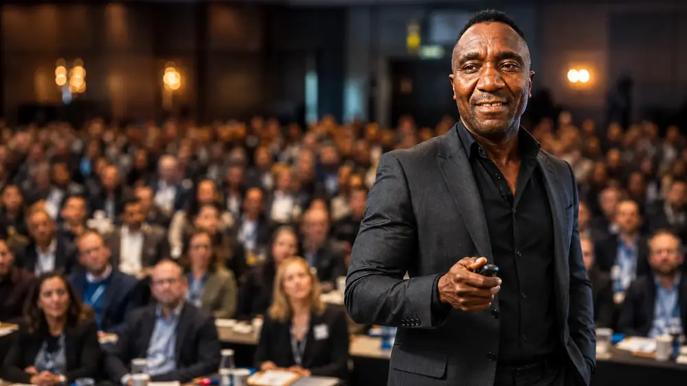 Roger Barrington delivering live sales training to a large UK audience